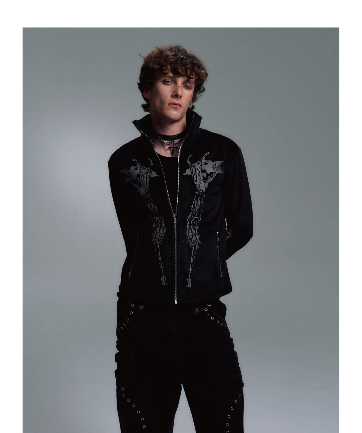Tribal Graphic Stand Collar Flared Sleeve Velvet Zip Jacket