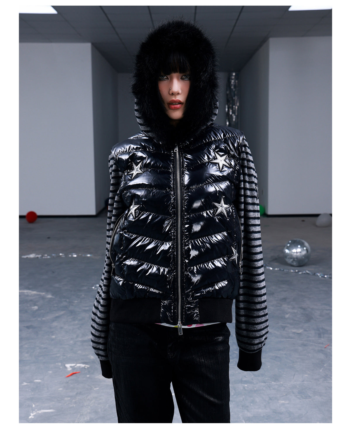 Star Embroidered Striped Fur Trim Hood Padded Jacket