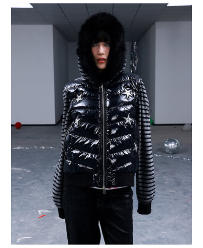 Star Embroidered Striped Fur Trim Hood Padded Jacket