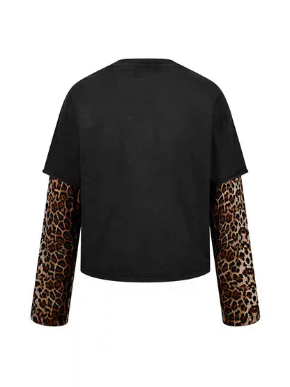 Leopard Layered Sleeve Washed Graphic T-Shirt