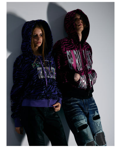 Pink Tiger Stripe Graphic Cropped Zip Hoodie