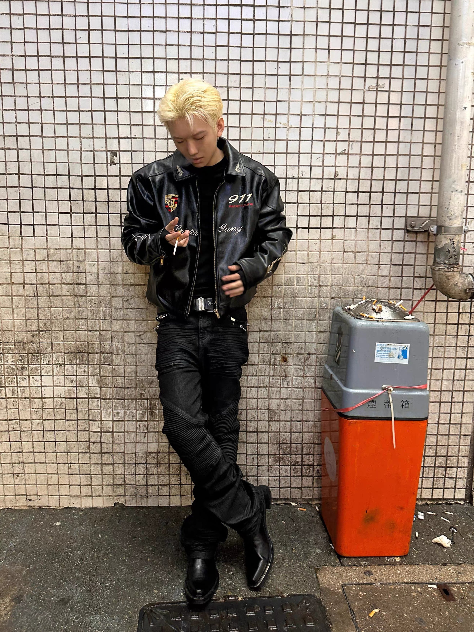 REBEL WAVE シワ加工 メタルパーツ ストレートデニム ブラック SELFISH