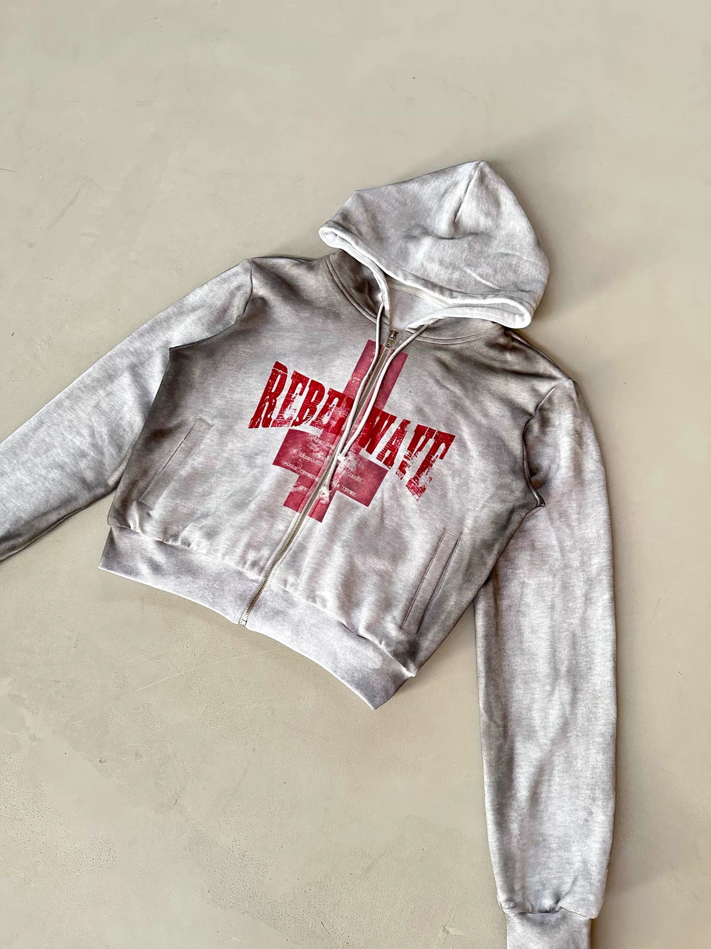 Washed Cross Embroidered Cropped Zip Hoodie