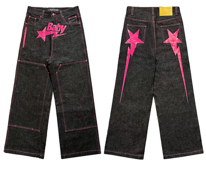 Pink Star Embroidered Wide-Leg Jeans