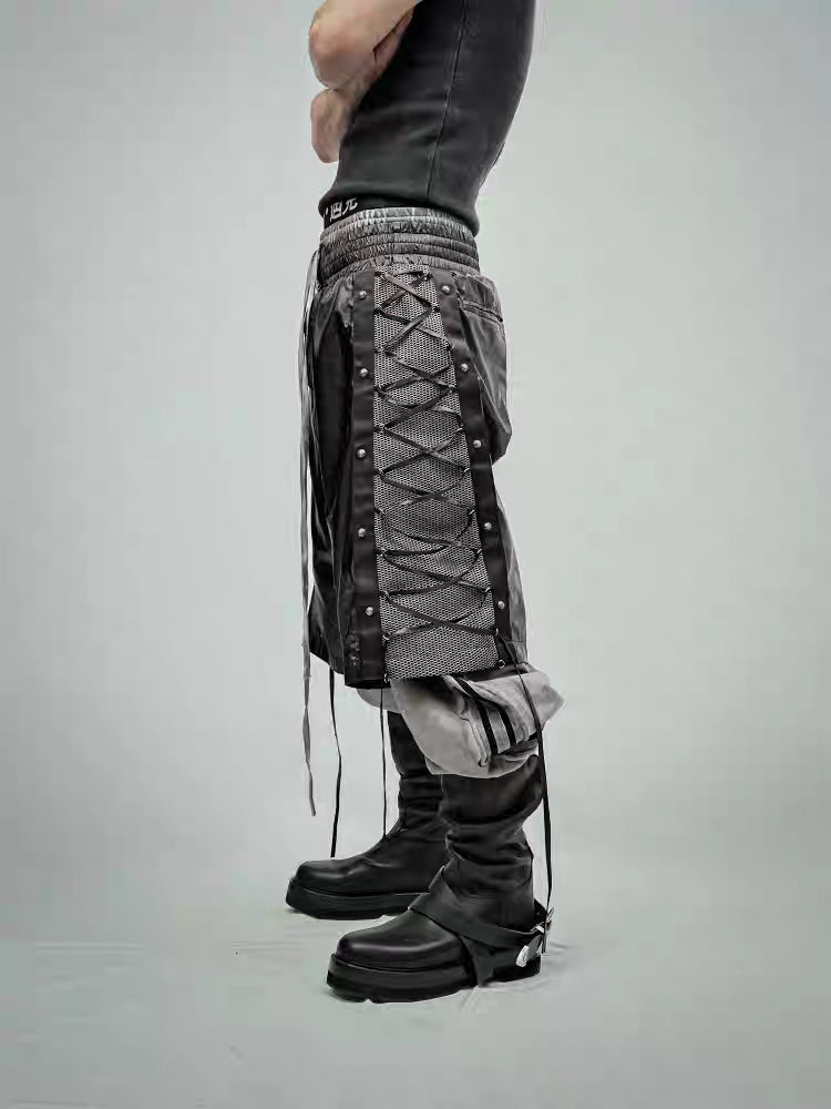 Lace-Up Strap Detail Faux Leather Wide Shorts