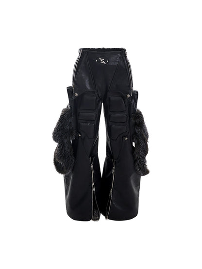 STARTEXCEEDEND Splicing Leather Fur Cargo Pants