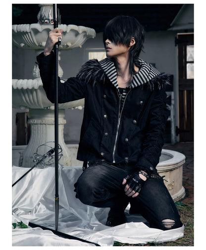 Striped Detachable Hood Double Breasted Fur Texture Jacket