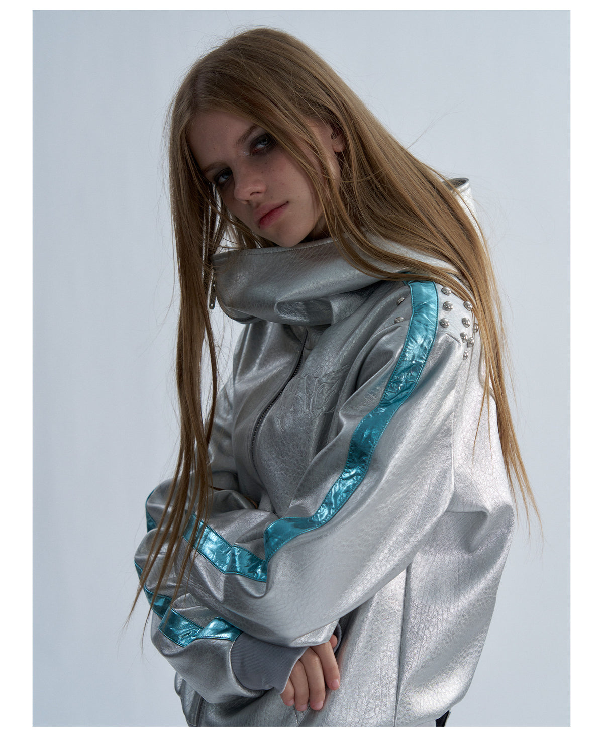 Embroidered Contrast Stripe Hooded Faux Leather Jacket