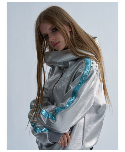 Embroidered Contrast Stripe Hooded Faux Leather Jacket
