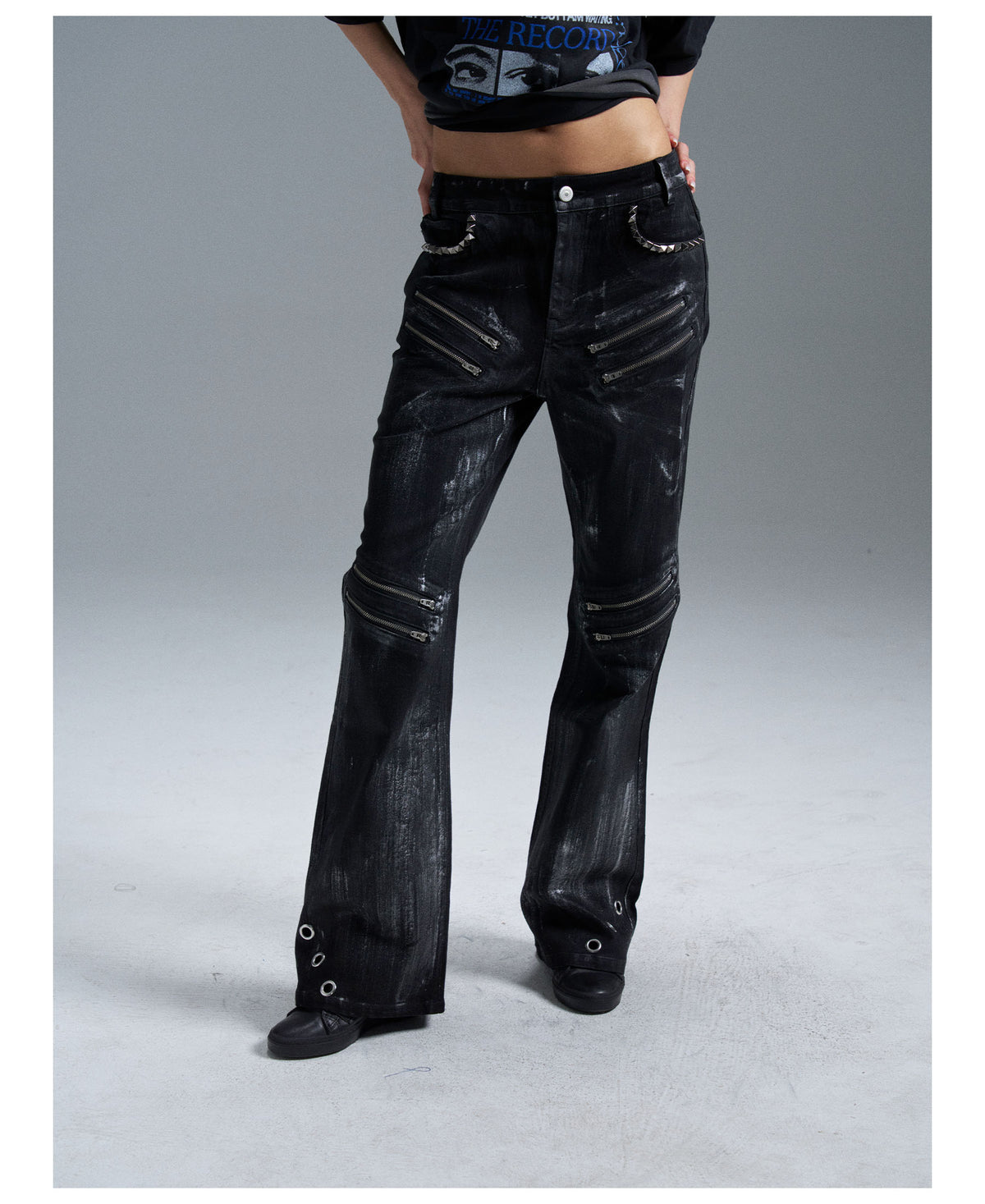 Multi Zip Eyelet Washed Black Flared Jeans