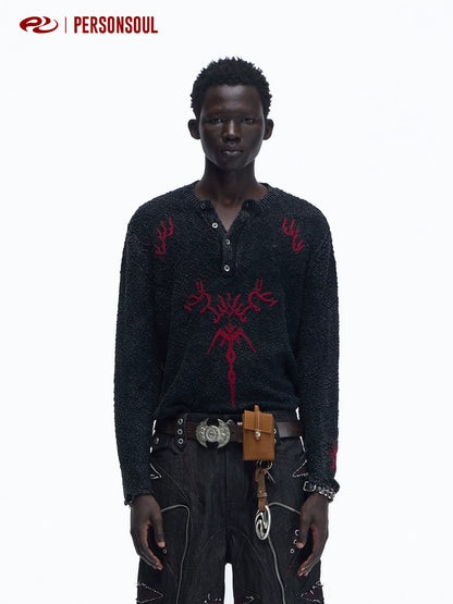 Totem Jacquard Embroidered Henley Knit Top