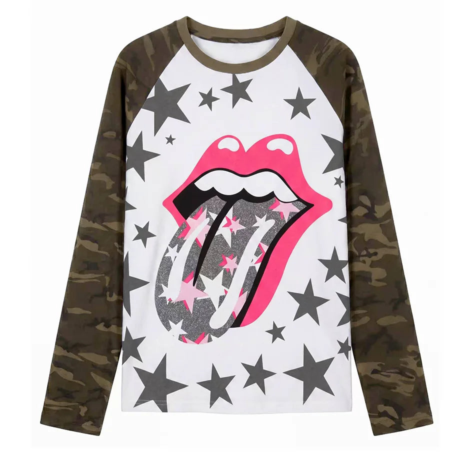 Tongue and Star Graphic Raglan Long Sleeve Top
