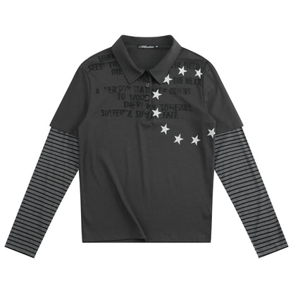 Star Pattern Layered Look Long Sleeve Polo Shirt