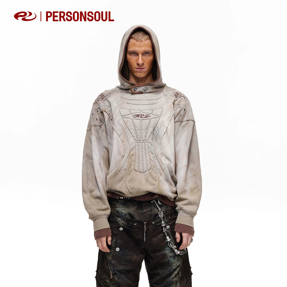Shield Panel Washed Pullover Hoodie