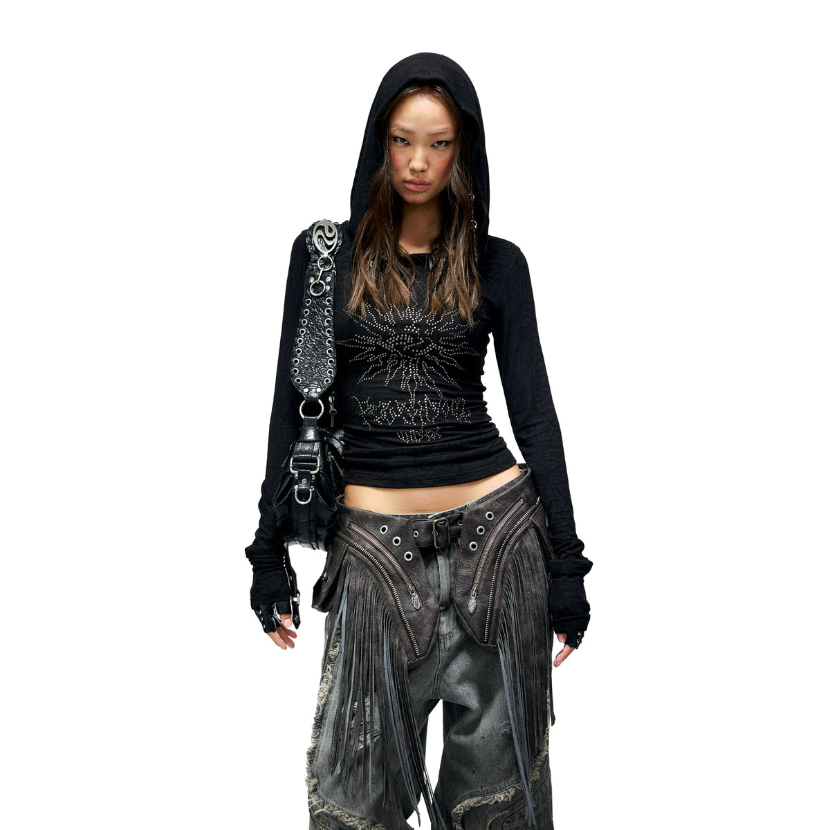 Textured Sheer Hooded Long Sleeve Top