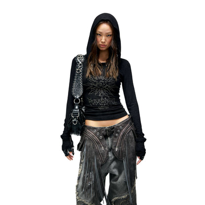 Textured Sheer Hooded Long Sleeve Top