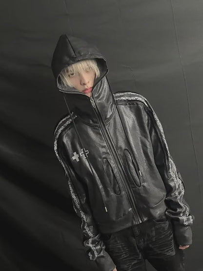 Cross Print Panelled High Neck Zip Up Hoodie