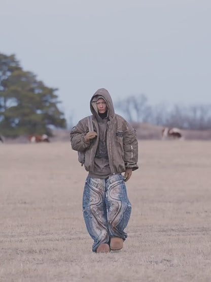 Hand Distressed Brown Hooded Padded Jacket