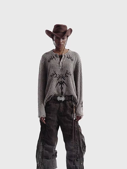 Totem Jacquard Embroidered Henley Knit Top